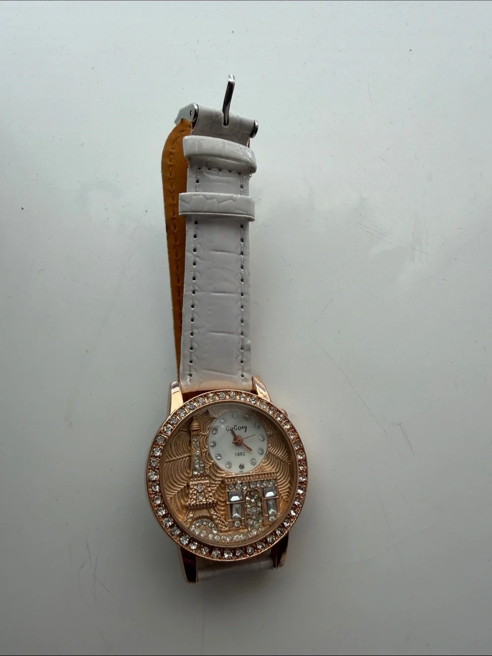 White Strap Gold-Tone Crystal Accent Fashion Watch